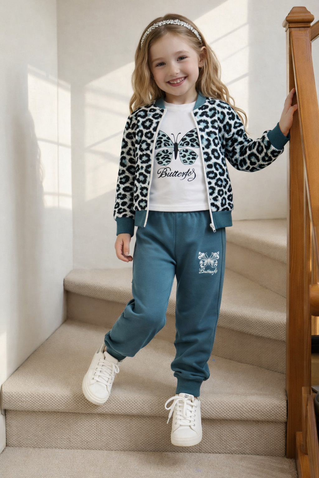 طقم بناتي أنيق بثلاث قطع – جاكيت، تيشيرت وسروال