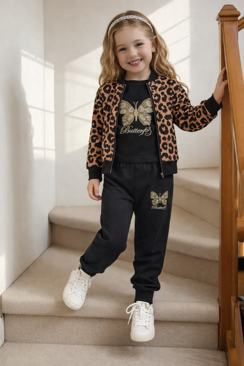 طقم بناتي أنيق بثلاث قطع – جاكيت، تيشيرت وسروال