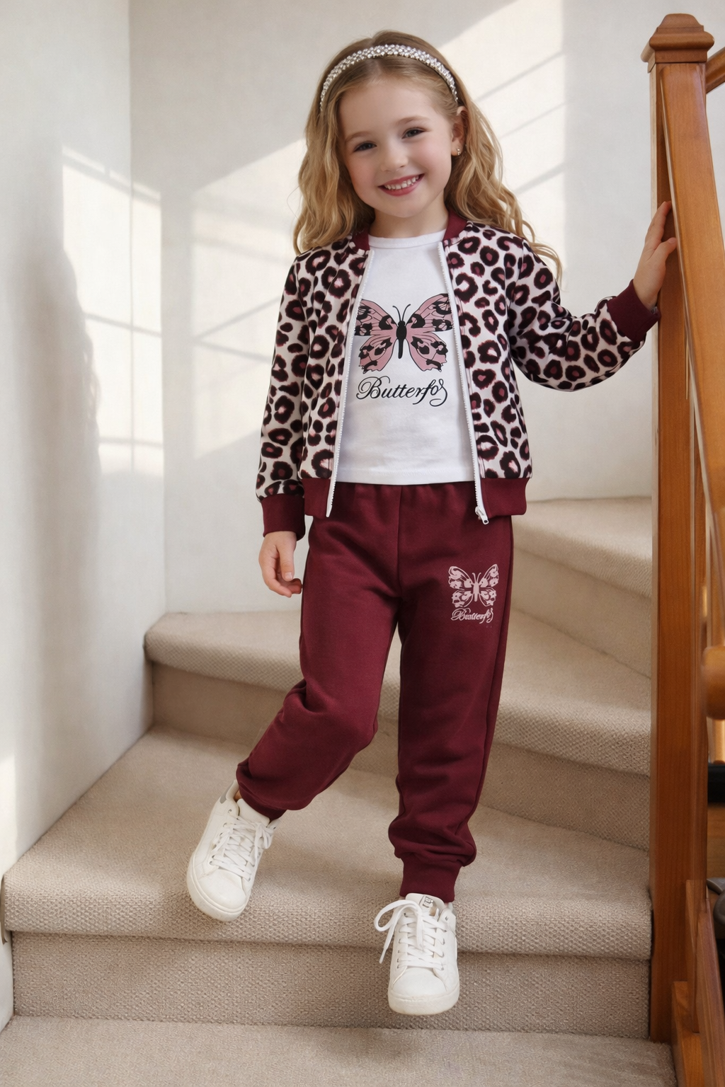 طقم بناتي أنيق بثلاث قطع – جاكيت، تيشيرت وسروال