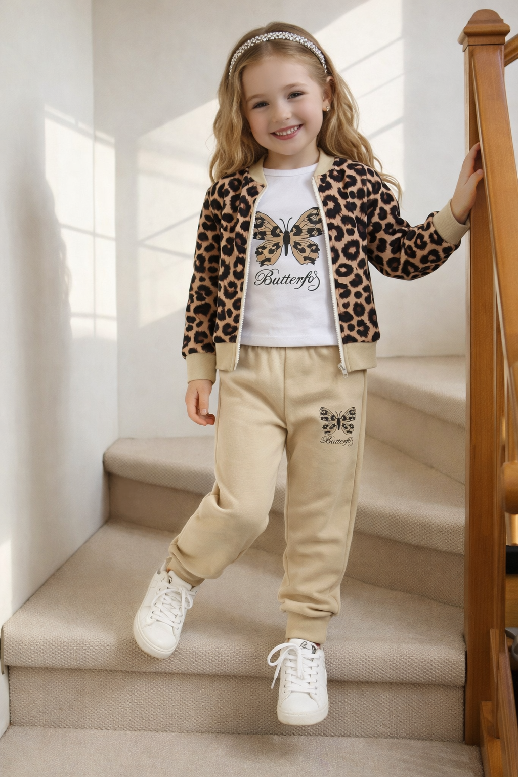 طقم بناتي أنيق بثلاث قطع – جاكيت، تيشيرت وسروال