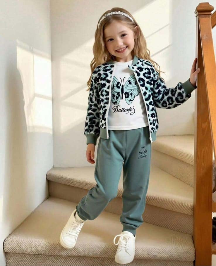 طقم بناتي شتوي أنيق بثلاث قطع – جاكيت، تيشيرت وسروال